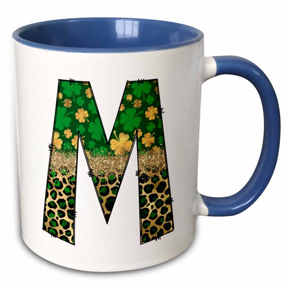 3drose, Glam Leopard and Four Leaf Clover Monogram Initial M, 11oz Two-tone Blue Mug
