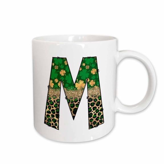 3drose, Glam Leopard and Four Leaf Clover Monogram Initial M, 15oz Mug