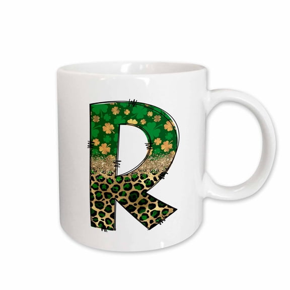 3drose, Glam Leopard and Four Leaf Clover Monogram Initial R, 11oz Mug