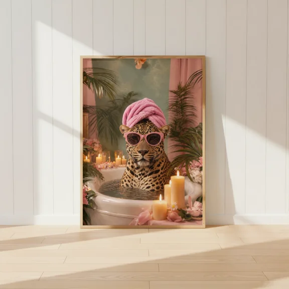 Glam Leopard Bathroom Wall Art Pink Spa Animal Print Luxury Girly Bathroom Home Decor Office Wall Art