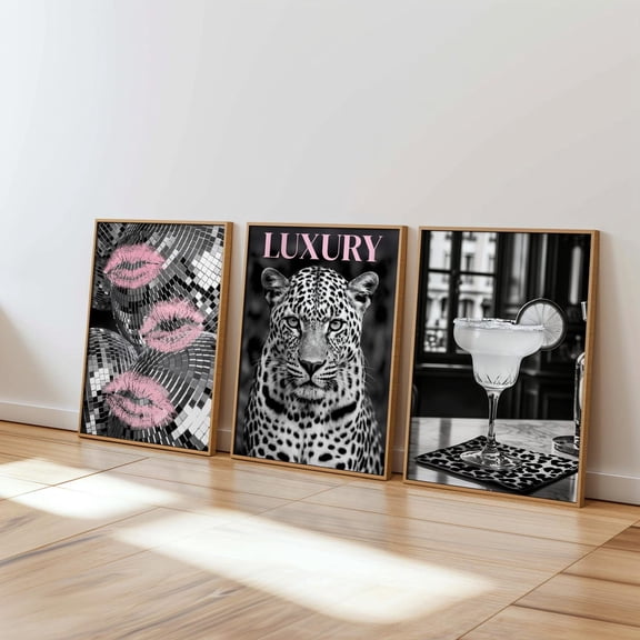 Glam Leopard Wall Art Pink Disco Ball Kiss Lips Margarita Cocktail Poster Set 3 Unframed Paper Print 20x30