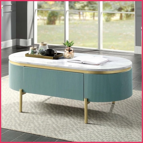 Glam Light Teal Living Room Coffee Table with White Faux Marble Top & Concealed Drawer