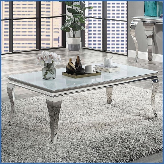 Glam Living Room Coffee Table with White Beveled Glass Top & Silver Stainless Steel Legs, Easy to Clean