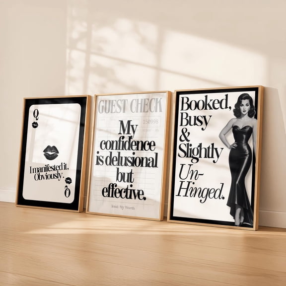 Glam Manifestation Wall Art Black White Quote Girl Boss Decor Pin Up Delusional Confidence Set 3 Stretched Canvas 16x24
