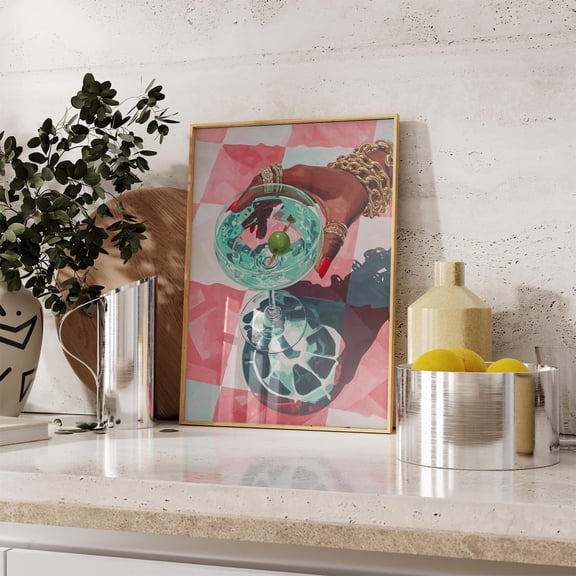 Glam Martini Art Print, Pink Checkered Bar Cart Decor, Retro Cocktail Wall Art, Mid Century Modern Drink,, Unframed Poster Size 12x18