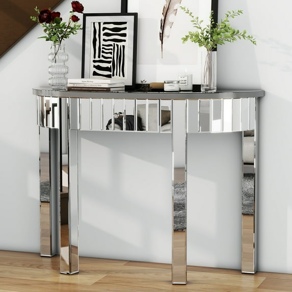 Glam Mirror Console Table Half Moon Sofa Table Entryway Table with 1-Drawer for Living Room Furniture
