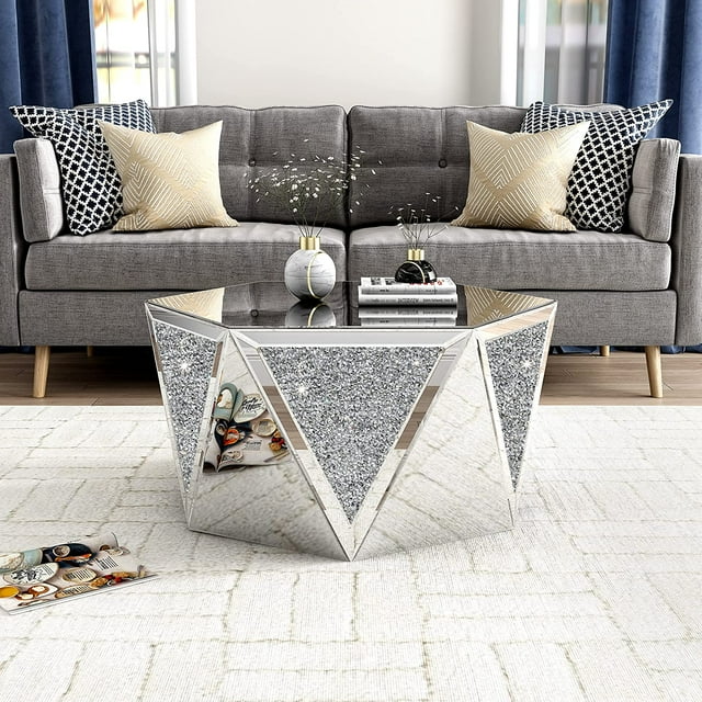 Glam Mirrored Coffee Table with Beautiful Crystal Diamond Accent for