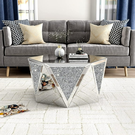 Glam Mirrored Coffee Table Crystal Diamond Accent Table Leisure Table Cocktail Table Center Table for Living Room Decor