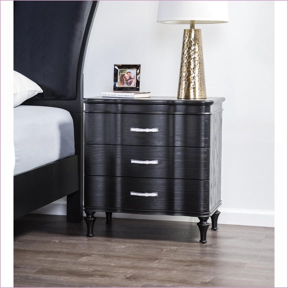 Glam Modern Black Solid Wood Nightstand with Curved Front & Turned Legs