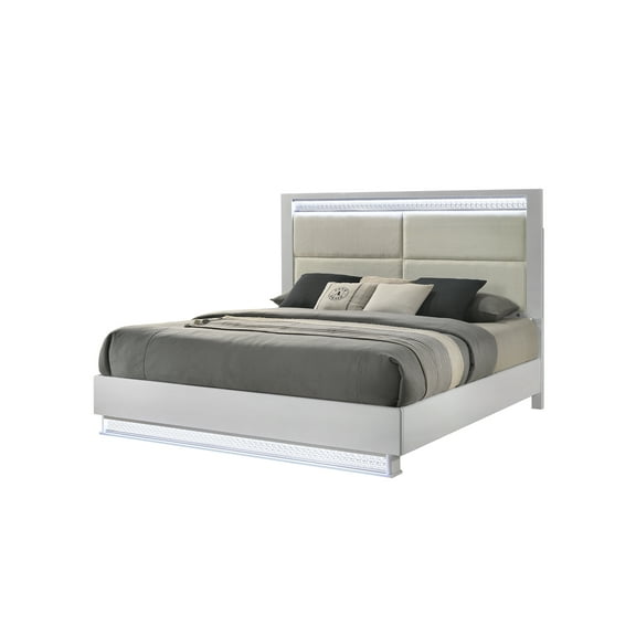 Glam Modern Style Queen Bed with LED headboard Made With Wood in White Color