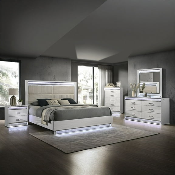 Glam Modern Style Upholstered LED Queen 5PC Bedroom Set Made With Wood in White