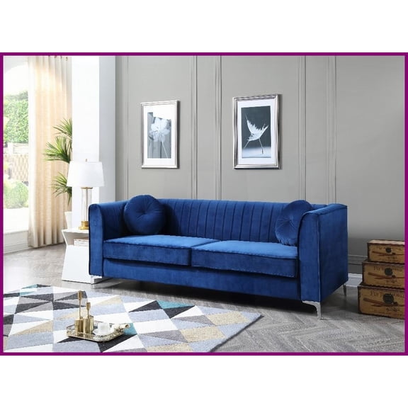 Glam Navy Blue Micro Suede Velvet Sofa with Matching Pillows  Quick Assembly for Living Rooms