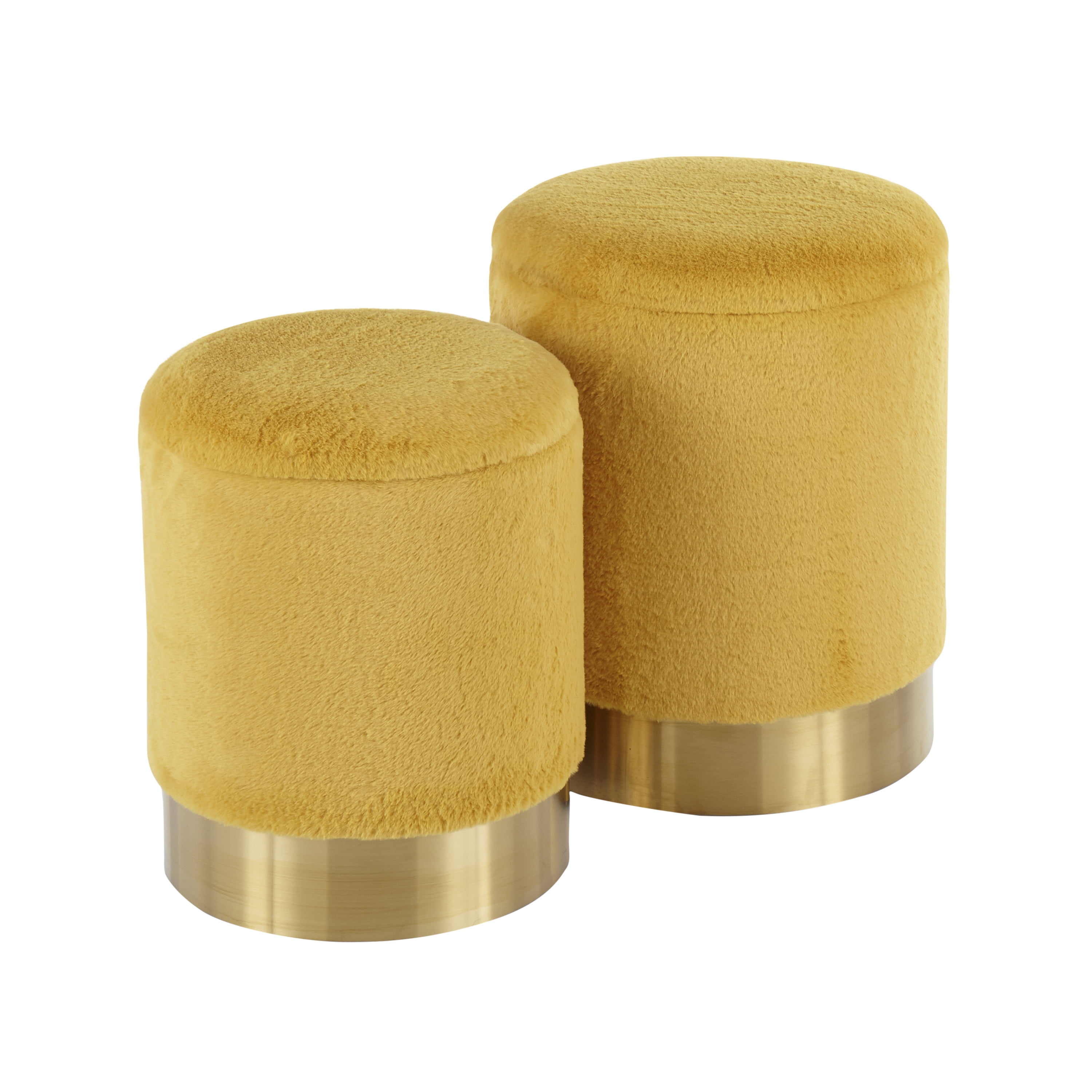 Marla 13.75" Yellow Plush Fabric and Gold Metal Nesting Ottomans