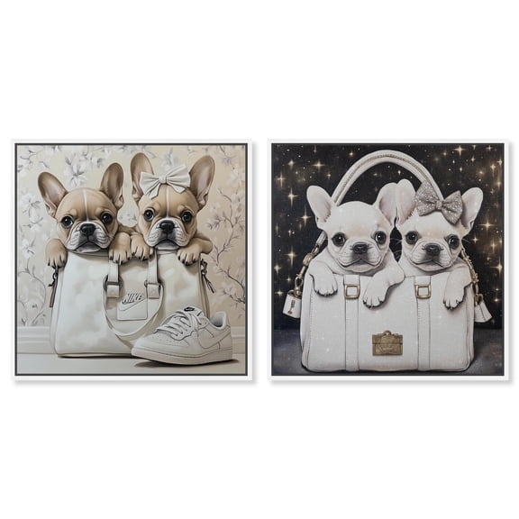 Glam Parisian Pups Set Canvas Fashion Wall Decor by Art Remedy, White Frame, 12 x 12