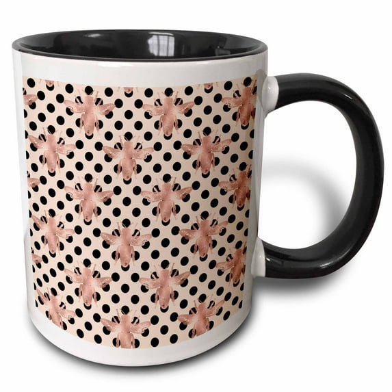 3drose, Glam Pink Bees on Black Polka Dots Pattern, 15oz Two-tone Black Mug