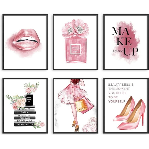 Glam Pink Fashion Wall Art Girls Room Decor Wall Pink Golden Fashion Shopping lady Perfume Flower Book High Heels Posters Prints Women Decor Bedroom(8x10 inch Unframed, Pink)