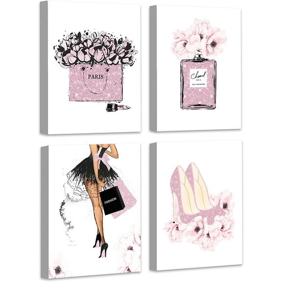 Glam Pink Fashion Wall Decor - Hot Pink Girly Room Decor - Beauty Room Decor Pictures Arts for Office Bedroom Bathroom - Perfume Handbags High Heels Lipstick Wall Paintings Set of 4, 8x10 in