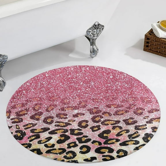 Glam Pink Glitter Leopard Pattern Round Carpet Circle Rug Outdoor Patio Area Rug Washable Large Area Rugs Hallway Room Decor Fitness Mats