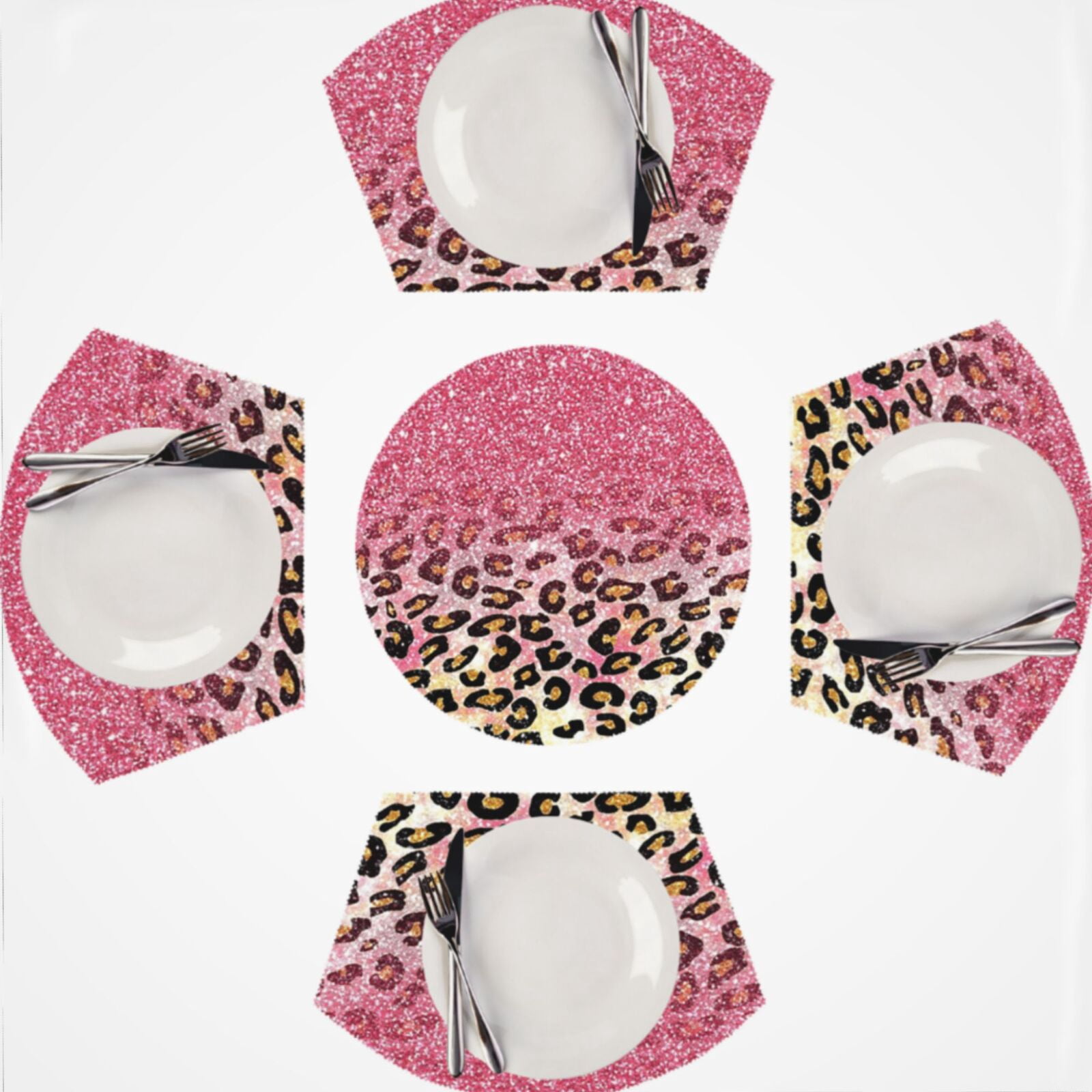 Glam Pink Glitter Leopard Pattern Round Table Placemats Set Of 5 Wedge ...