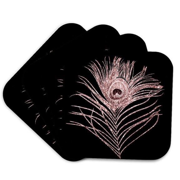 3drose, Glam Pink Image of Glitter Peacock Feather Illustration, Set of 4 Coasters - Soft