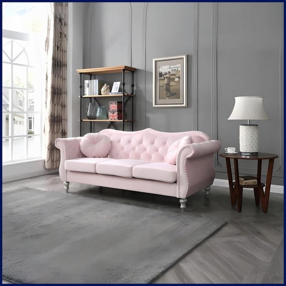Glam Pink Velvet Sofa with Tufted Back & Arms - Comfortable Living Room Accent