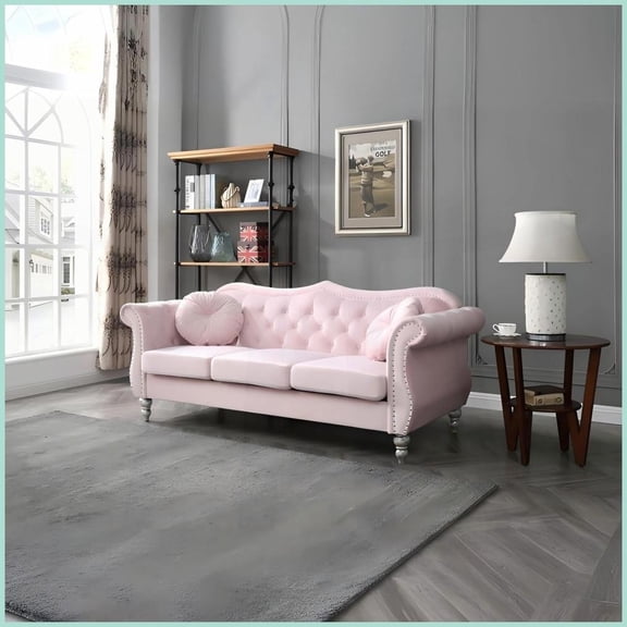 Glam Pink Velvet Sofa with Tufted Detail Durable Hardwood Frame for Living Room