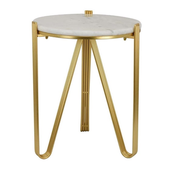 Benjara Glam Plant Stand Table- White Marble- Gold Metal Texture Legs- 20 Inch
