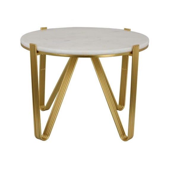 Benjara Glam Plant Stand Table- White Marble- Gold Metal Texture Legs- 25 Inch