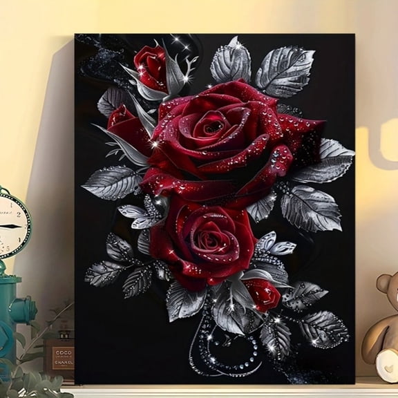 Glam Red Rose Sparkle Canvas Wall Decor Ready to Hang Living Room
