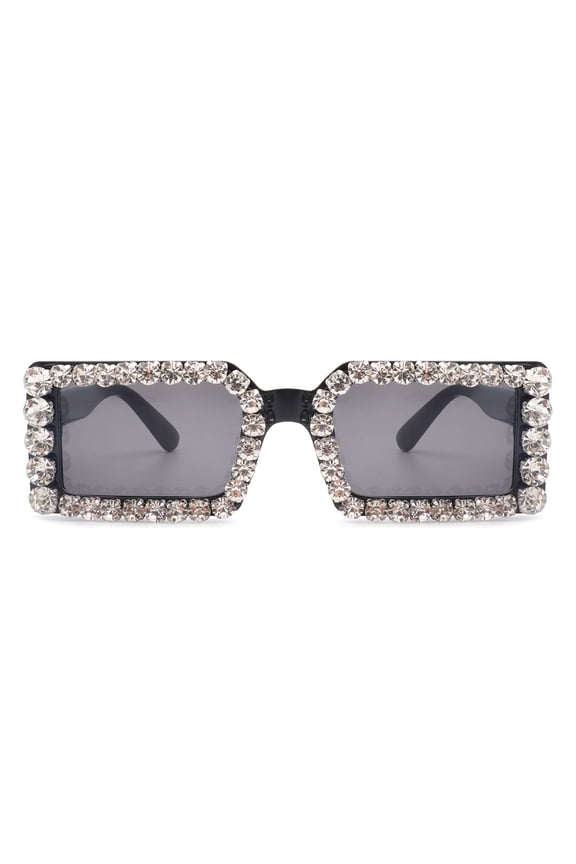 Glam Rhinestone Square Sunglasses, Black Frame with White Crystals & Dark Gray Lenses