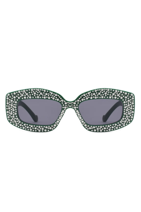 Glam Rhinestone Square Sunglasses, Green Frame with Dark Gray Lenses