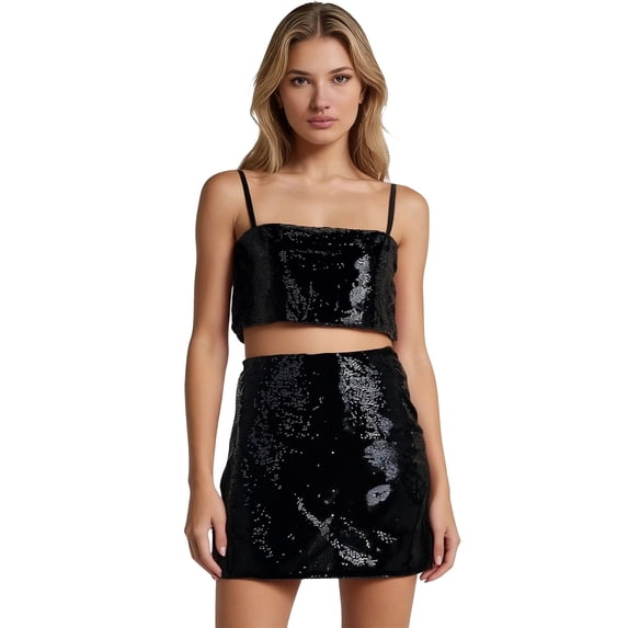 Glam Sequin Two Piece Sleeveless Skirt Set for Parties and Evening Occasions – Sparkling Outfit with Belted, S, Black