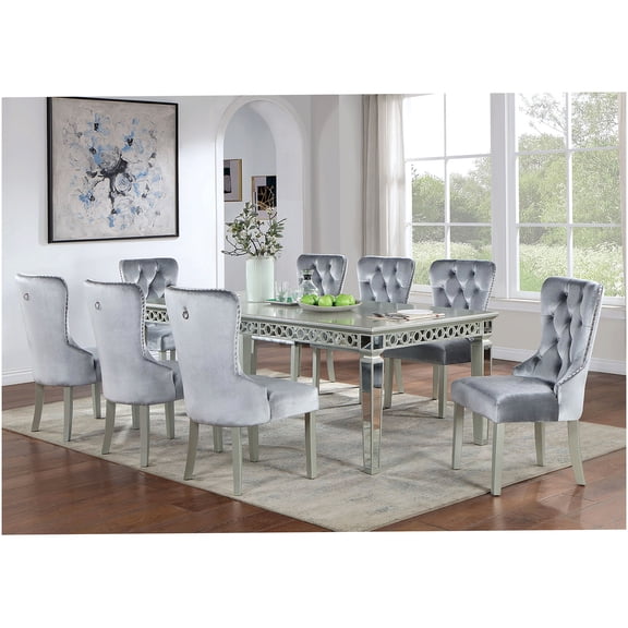 Glam Silver 9-Piece Expandable Dining Set with Wingback Chairs and Mirror Accents
