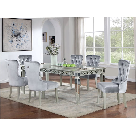 Glam Silver Dining Table Set with Leaf and 6 Wingback Chairs, Expandable Mirror Top Dining Room Furniture