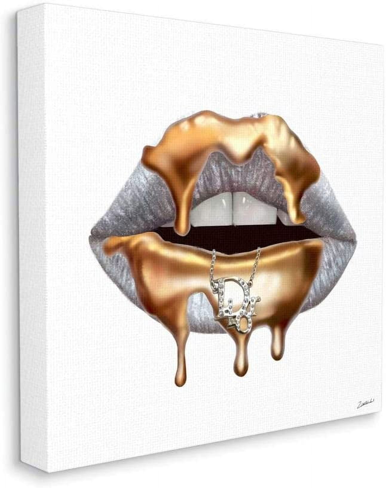 Glam Silver Lip Portrait Fashion With Gold Drip Beauty & Fashion Gallery-Wrapped Canvas Print Wall Art, 17x17