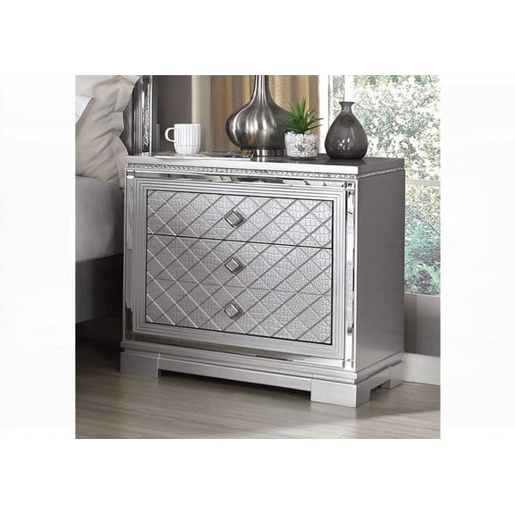 Glam Silver Nightstand Bedside Table - 1pc with Hidden Jewelry Drawer & USB Charger