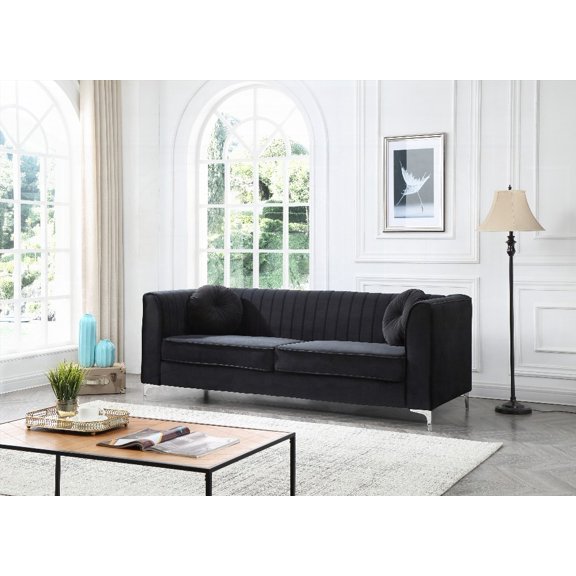Glam Soft Micro Suede Velvet Sofa with Chrome Legs | 2 Boxes, BLACK
