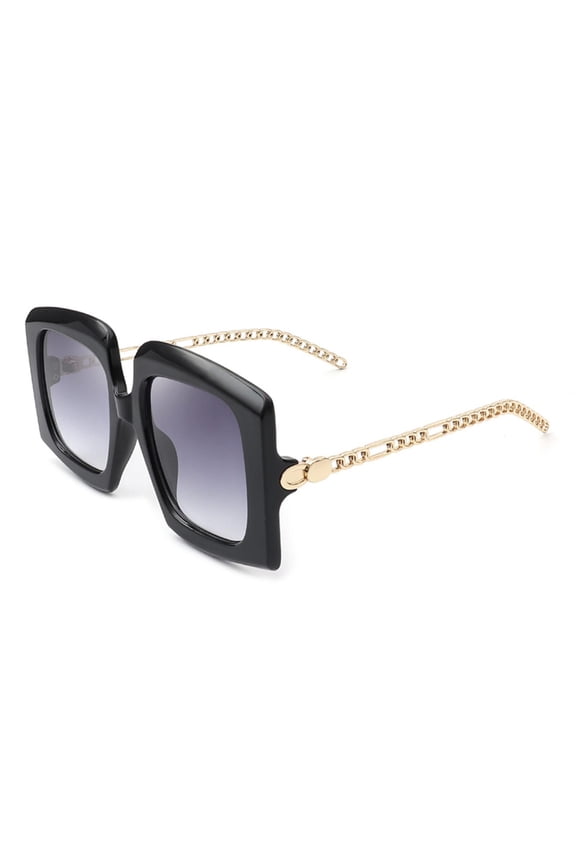 Glam Square Sunglasses, Black Frame with Gold Chain Arms & Gray Gradient Lenses