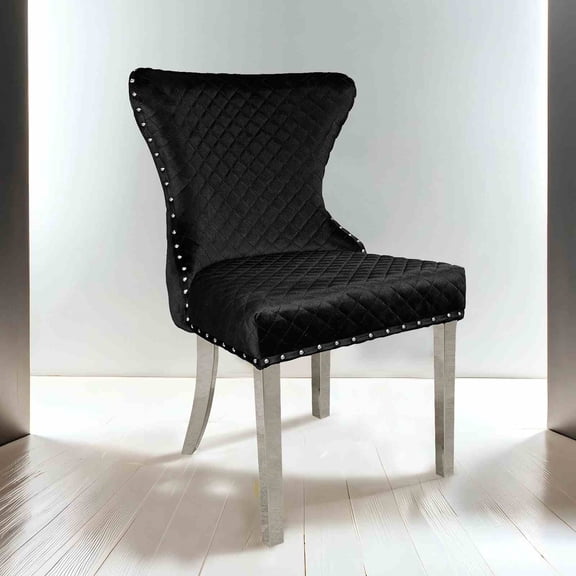 Glam Style 2pc Side Chair Silver Square Legs Diamond Pattern Nailhead Trim Black Finish Dining Room
