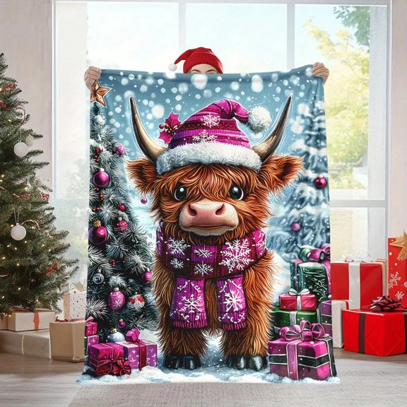 Glam Style Highland Cow Christmas Throw Blanket - Fantasy-Themed Polyester Knitted Flannel, Machine Washable, All-Season Multipurpose Blanket for Napping, Camping, Travel, Office, Home Decor
