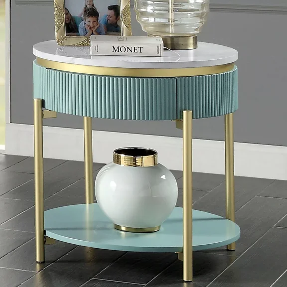 Glam Style Light Teal 1pc End Table w Drawer Gold Steel Legs Reeded Side Panel Living Room Table