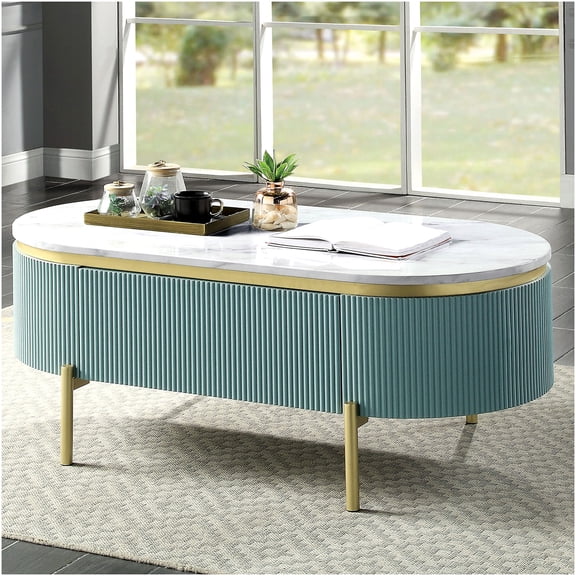 Glam Teal Faux Marble Coffee Table with Gold Metal Frame and Storage Drawer, Contemporary Living Room Accent Table