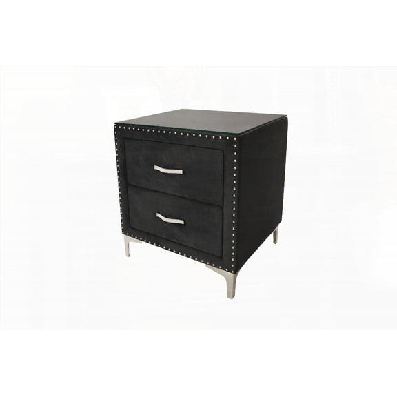 Glam Two-Drawer Nightstand with Fabric Upholstery & Tempered Glass