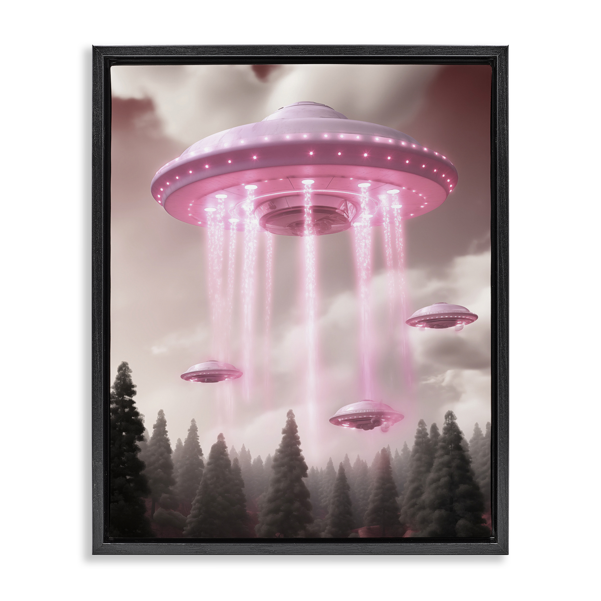 Glam UFO with Pink Beams Black Framed Floater Canvas Wall Art, design by Sasha