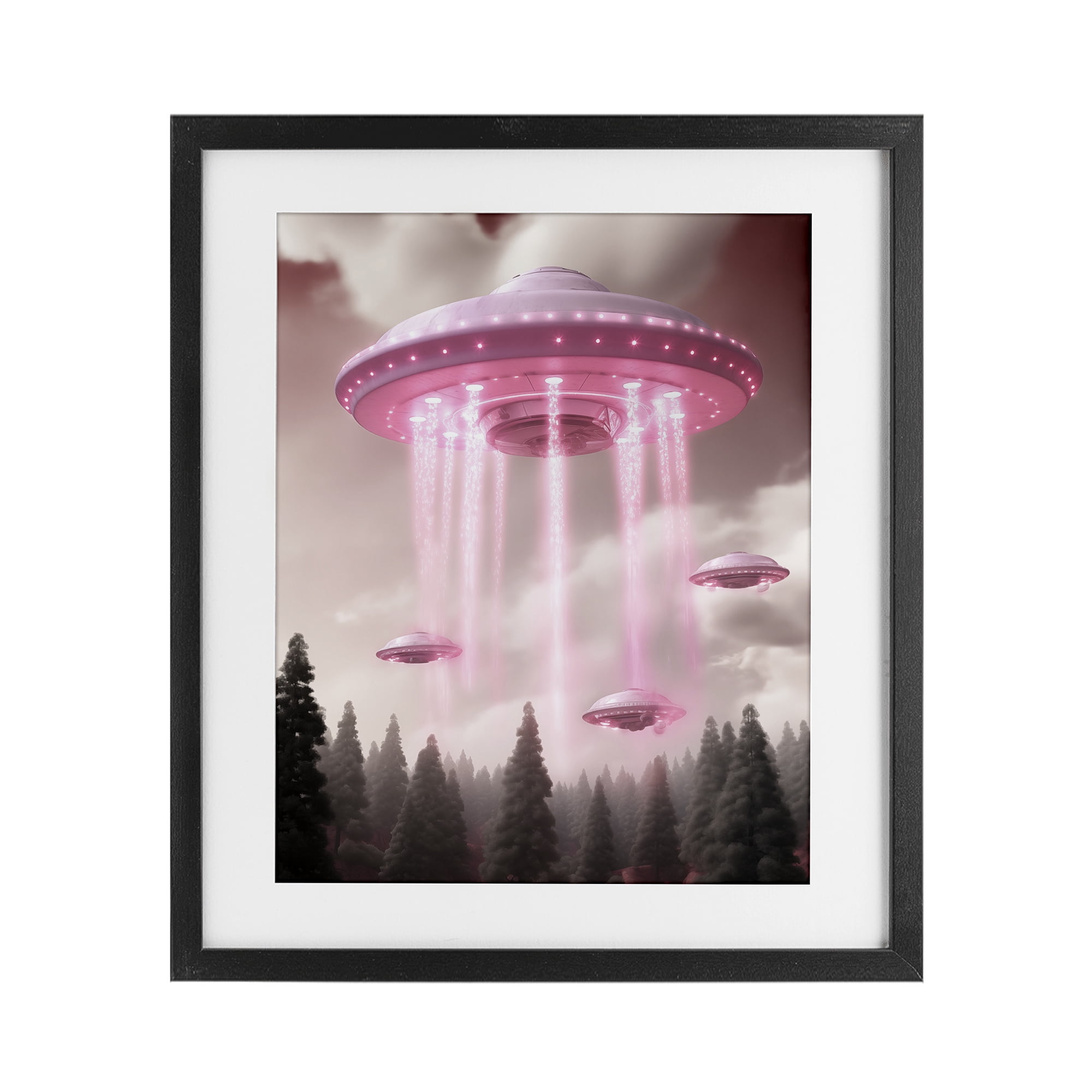 Glam UFO with Pink Beams Black Framed Print Under Glass, design by Sasha