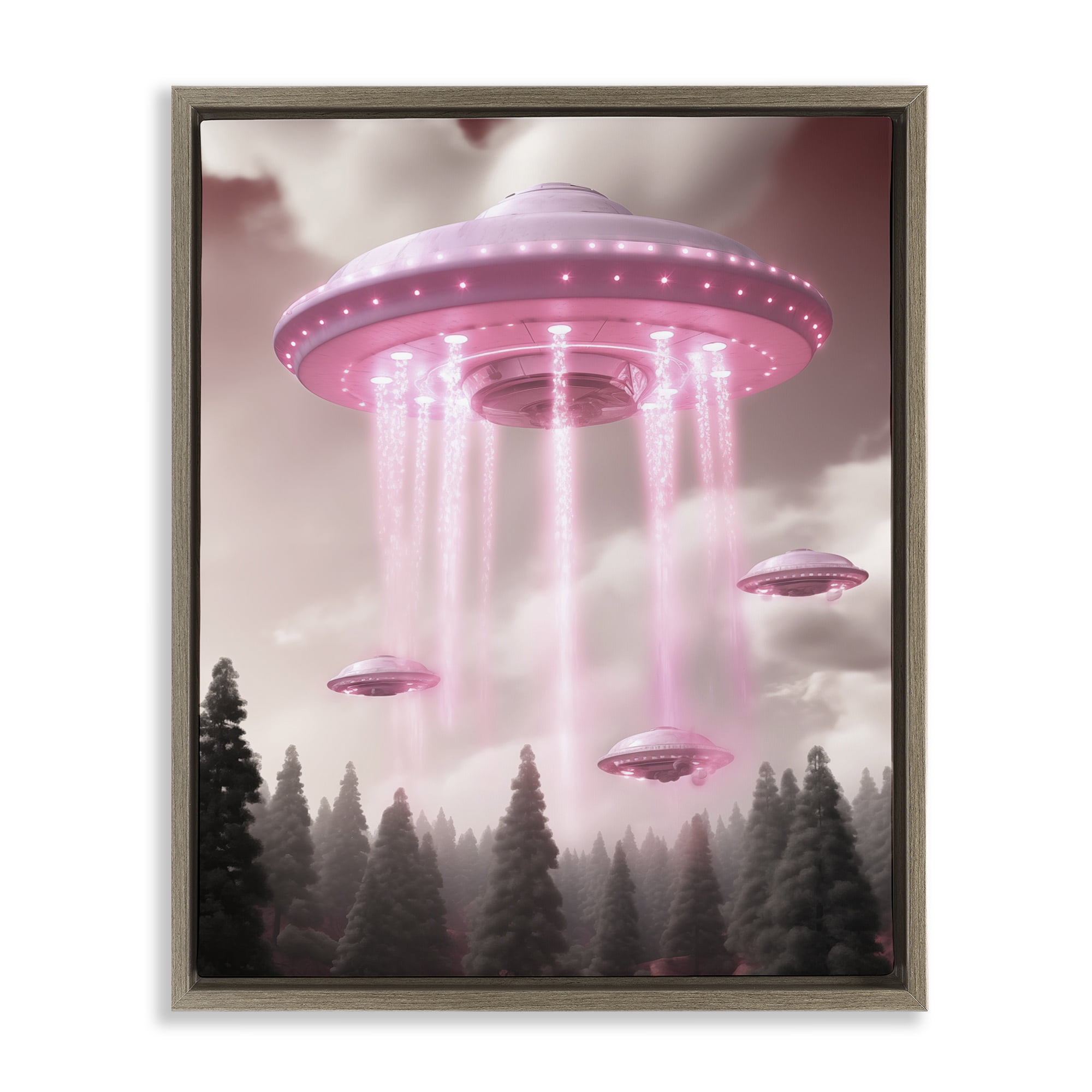 Glam UFO with Pink Beams Brown Framed Floater Canvas Wall Art, design by Sasha