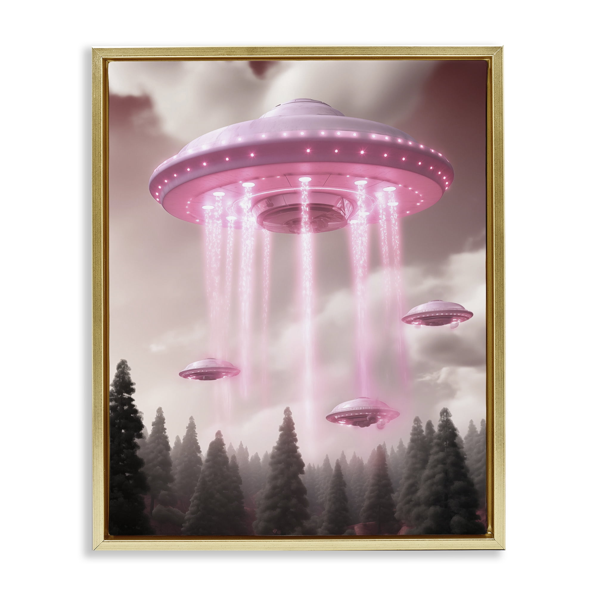 Glam UFO with Pink Beams Gold Framed Floater Canvas Wall Art, design by Sasha