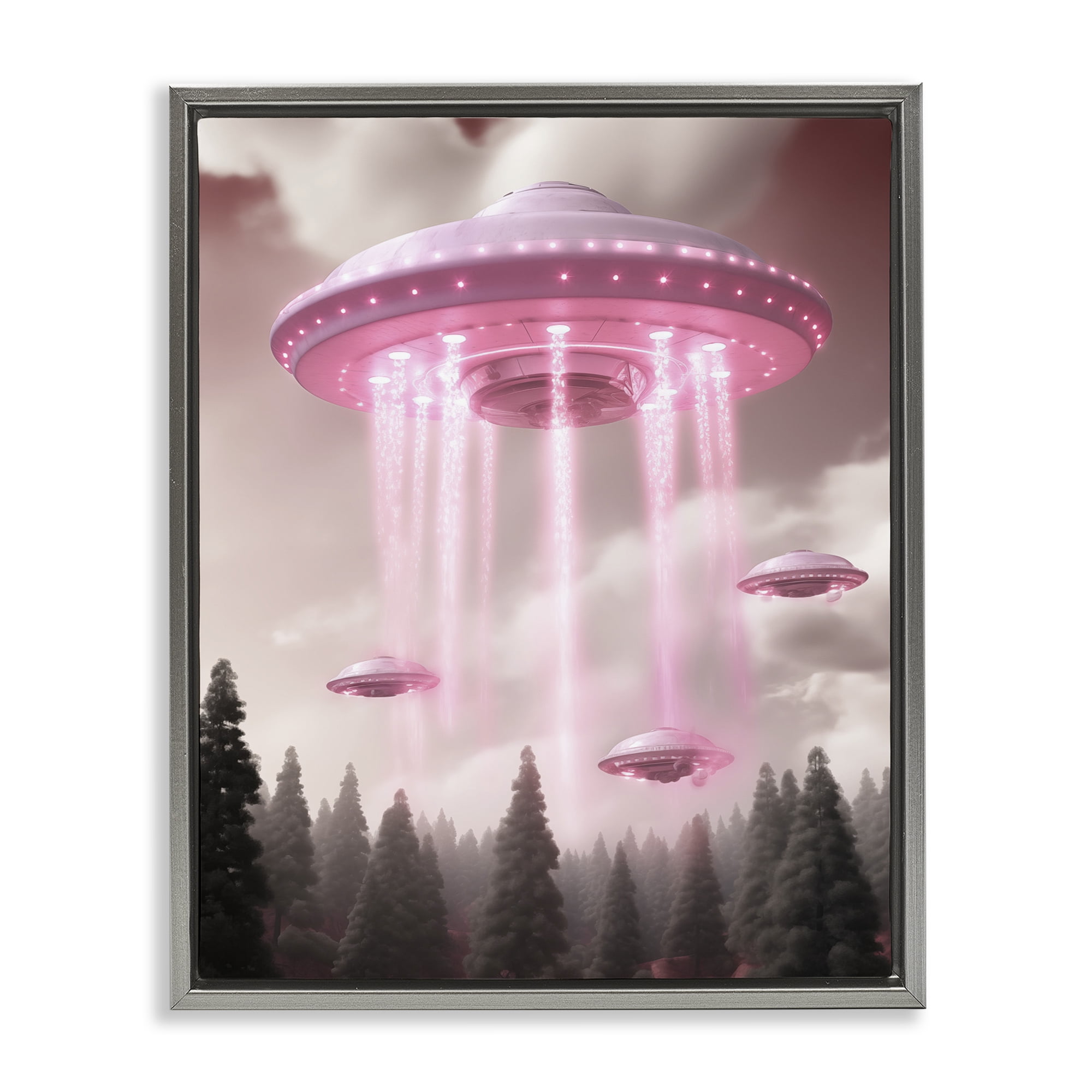 Glam UFO with Pink Beams Gray Framed Floater Canvas Wall Art, design by Sasha