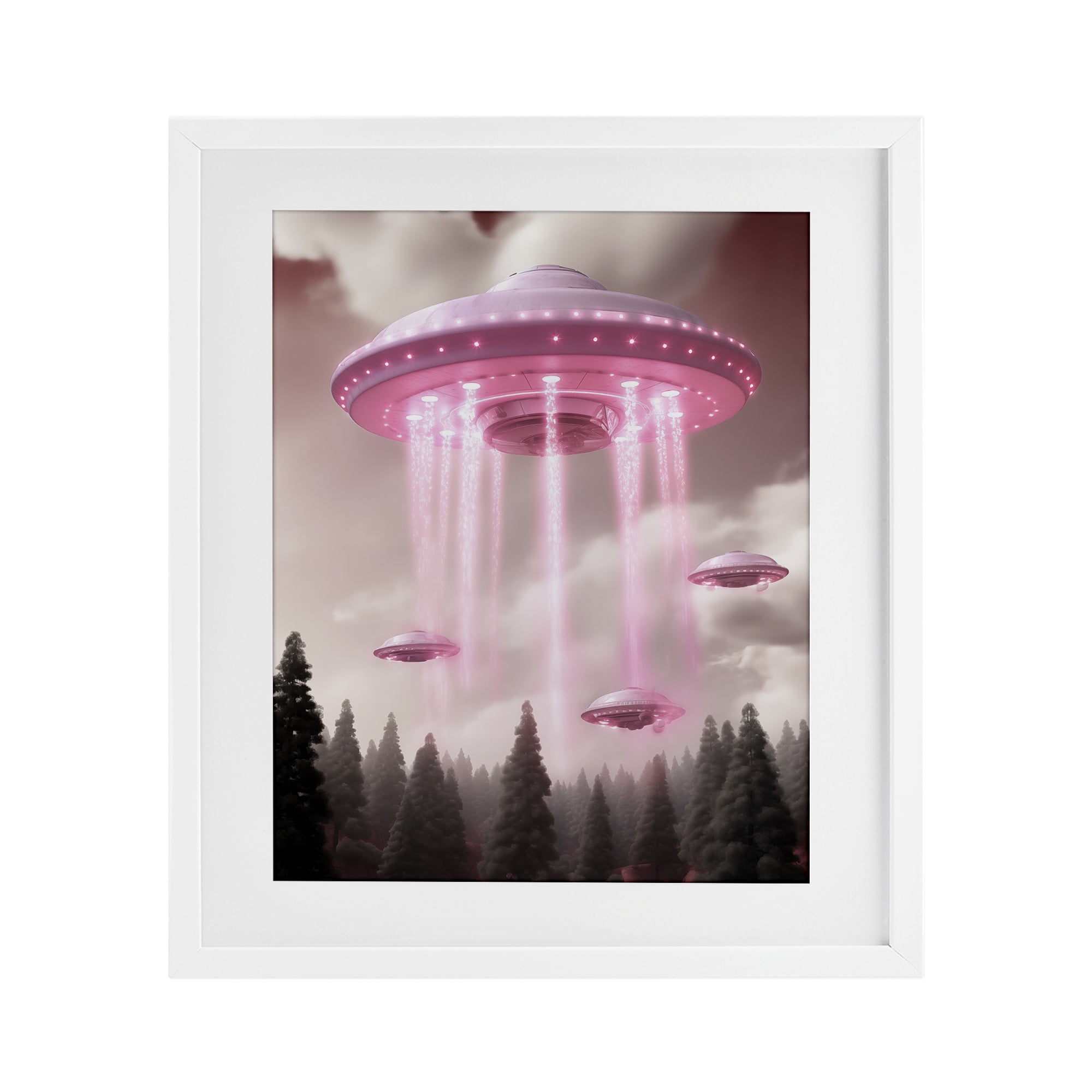 Glam UFO with Pink Beams White Framed Print Under Glass, design by Sasha