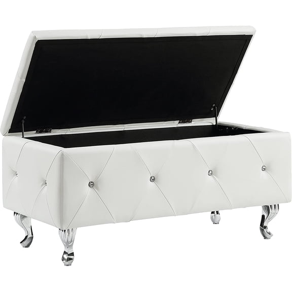 Glam Ultra Modern Leather Bonded Upholstered Storage Bench with Tufting and Crystal Leg Finish, White,AC-BED16-WHT-BENCH
